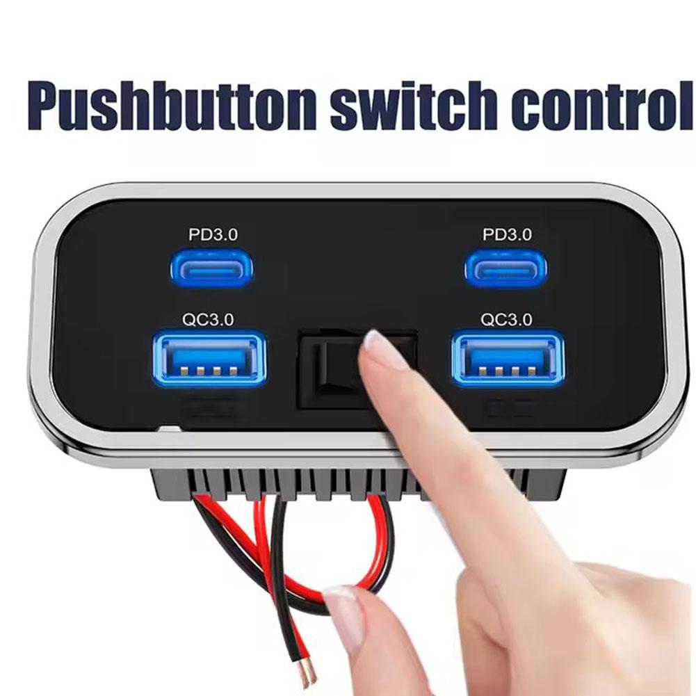 4 porter 12v usb-uttak til bobil 76w doble  pd3.0 type-c hurtiglading dobbel usb for bil buss bobil billader med knappbryter