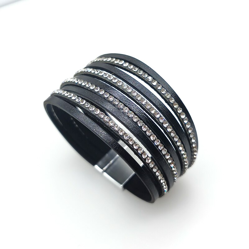 Pulseras de cuero de cristal negro para mujer, brazalete ancho con tiras, varias capas, estilo bohemio, joyería,