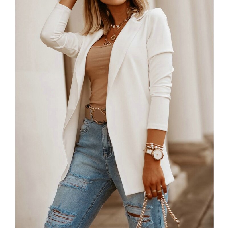 Nuevos trajes de negocios negros para mujer, chaqueta de mujer con cuello en V para primavera y otoño, traje informal de manga larga tipo tubo recto, Top para mujer: White / L
