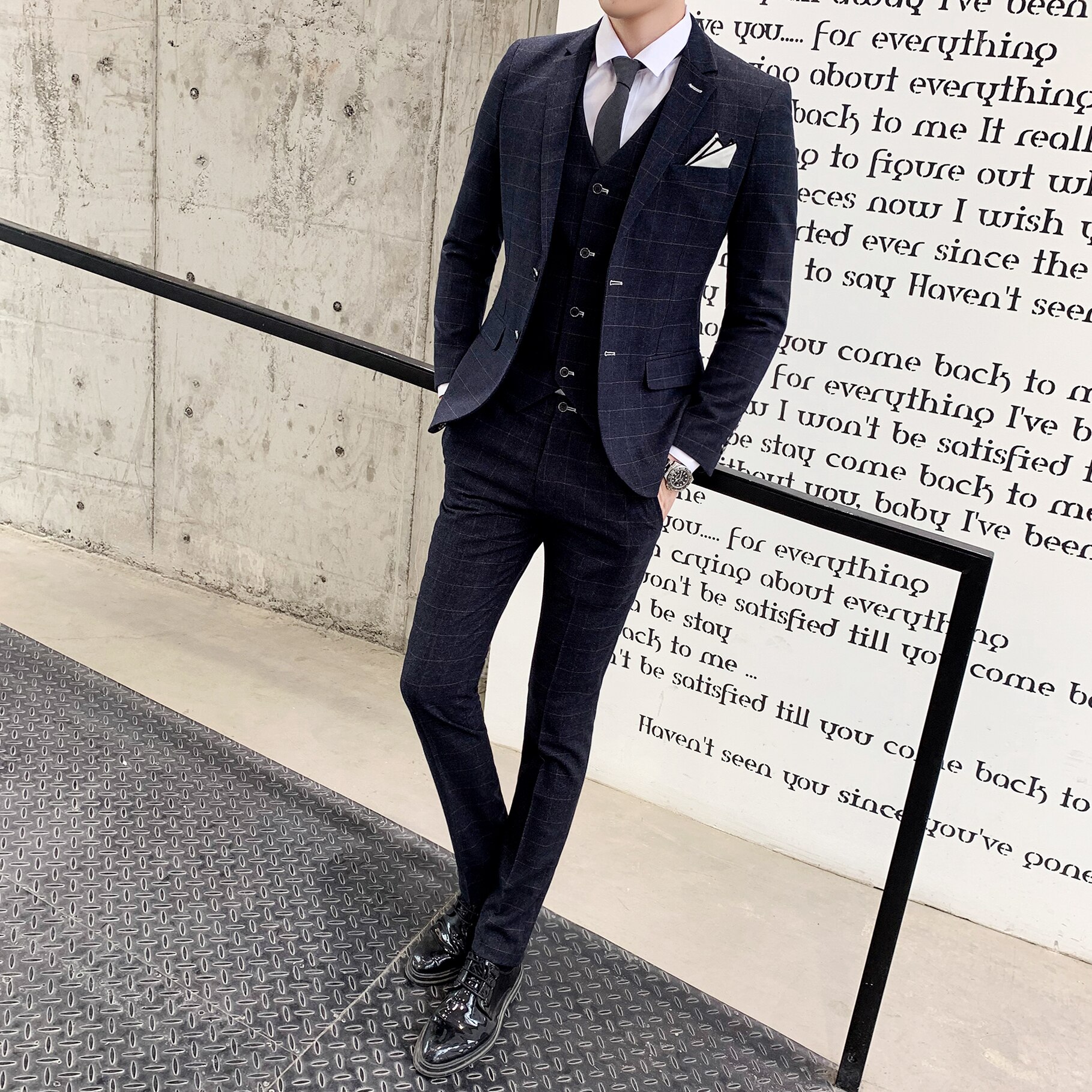 ( Blazer+ Vest + Pants) Men's Plaid Wedding Dress Groom Wedding Suit Boutique Business British Suit Plaid Formal Suit