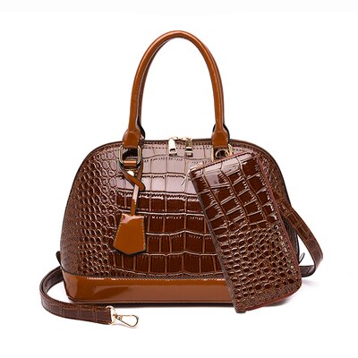 female Shell small bag Women PU leather totes bag handbags European American crocodile pattern shoulder Messenger bag: brown with wallet