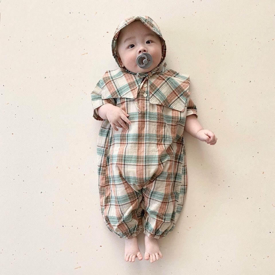 3449 Britse Plaid Baby Meisjes Jongens Romper Met Hoed Wassen Katoen Tweedelige Set Lange Mouw Babykleding Overalls Voor kids