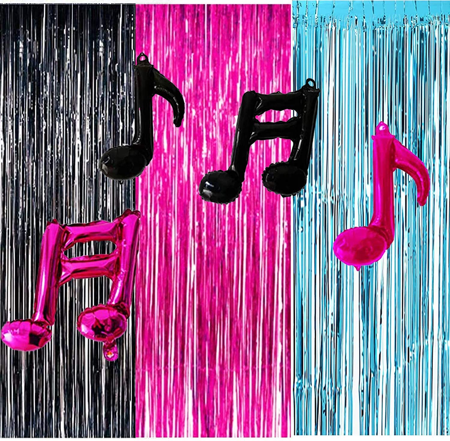 TIK Theme Birthday Decorations Party Photo Backdrop, Party Decorations Fuchsia Black Teal Foil Curtains/Music Note Balloons for