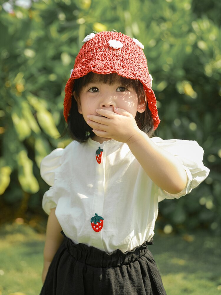 Camicia Casual a maniche a sbuffo per bambini colletto rialzato in pizzo nuova estate dolce neonata Top stile estero