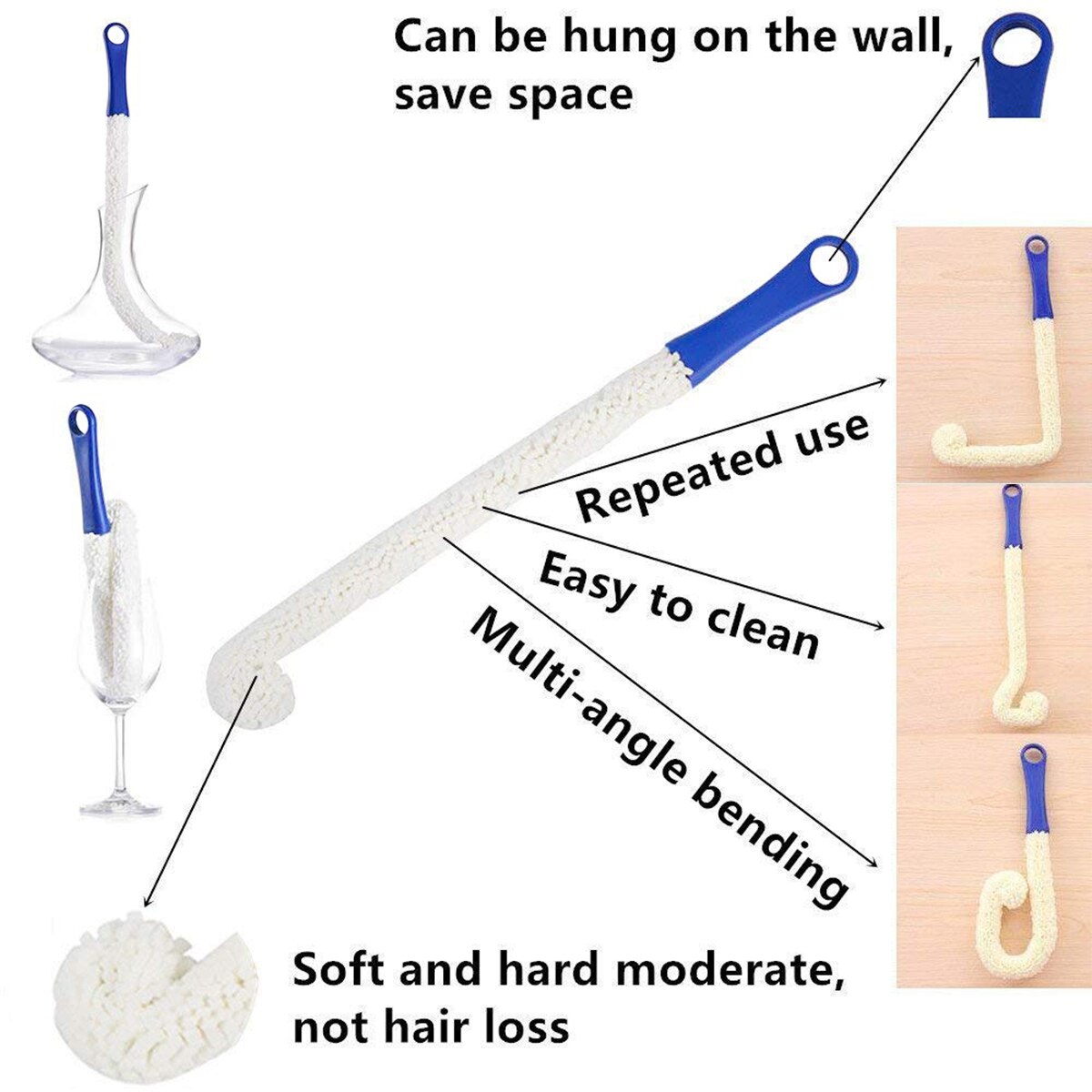 Multifunctional Tea Cup Brush Flexible Long Handle Bendable Foam Sponge Cleaning Brush Cleaning Tool For Goblets & Glass Cups