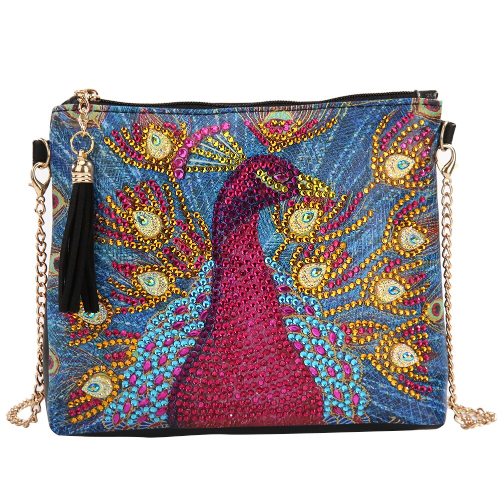 5d diy especial em forma de pintura diamante couro do plutônio crossbody sacos de embreagem corrente diy artesanato bordado flor pavão carteira: 05