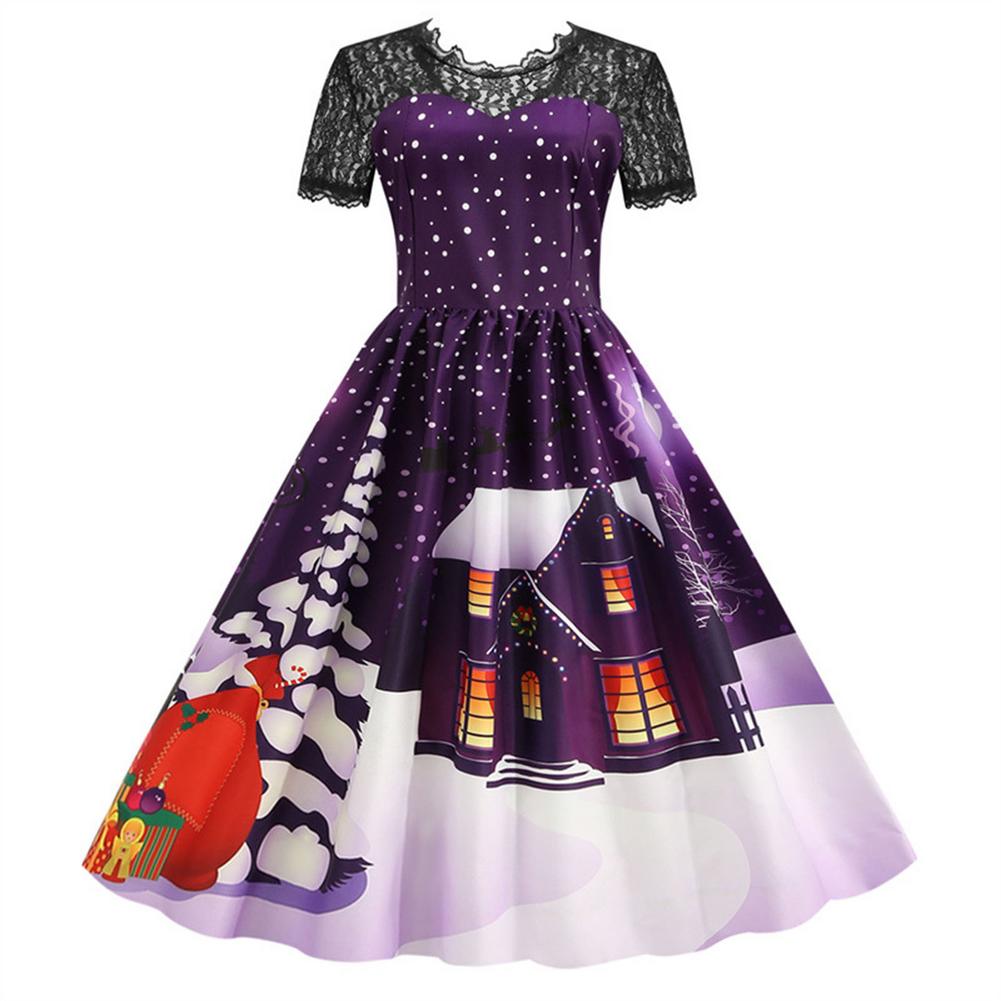 Vestidos de natal do vintage para as mulheres manga curta renda swing vestido vintage cocktail balanço natal impresso vestido de festa traje: XL / ROXO