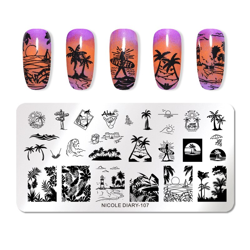 Nicole dagboek rechthoekige nagelstempelplaten roestvrij staal bloemen zomer strand afbeelding sjablonen nail art sjablonen gereedschap