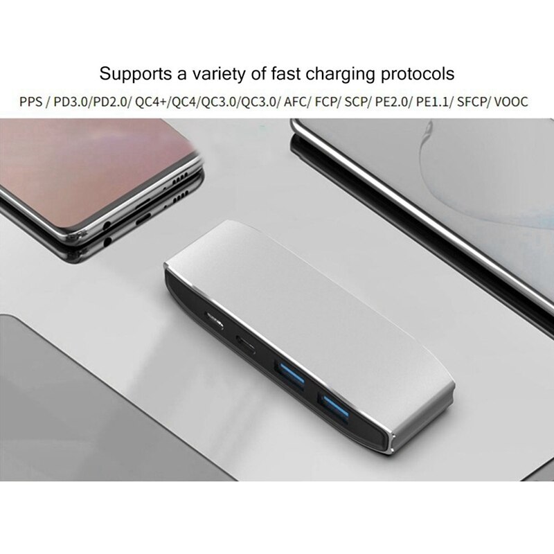 USB C HUB 4-In-1 USB C Adapter With 2 USB 3.0 Ports 100W PD Power Support Multiple Fast Charging Protocols