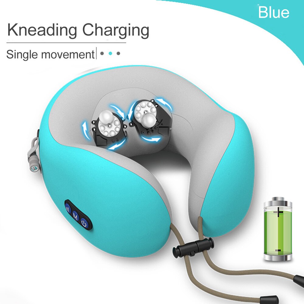 JINSERTA Elektrische Massage Nekkussen Hoofdsteun Reizen Kussen Therapie U-vormig Kussen Massager voor Thuis Kantoor Rust: Blue-Single-Knead