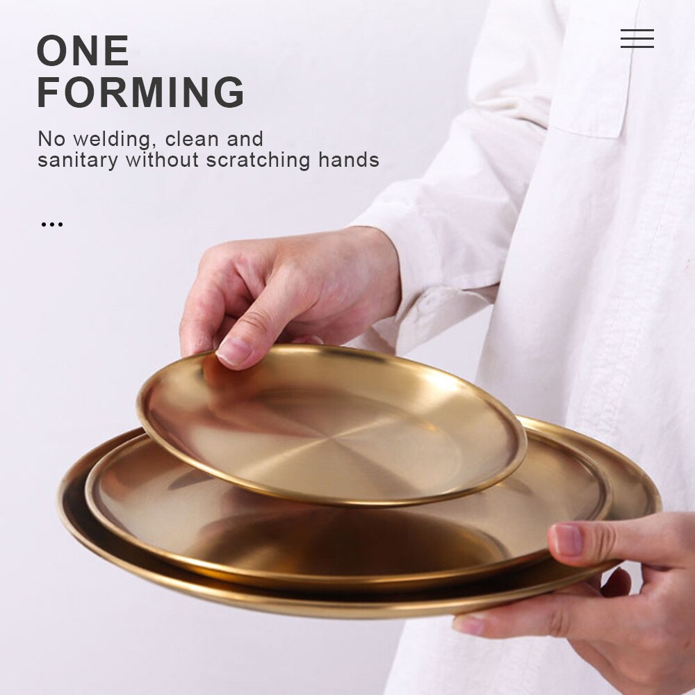 3pcs Golden Dinner Plate European Style Dinner Plates Stainless Steel Holders Round Tray Stainless Steel Kitchen Tool: 3pcs