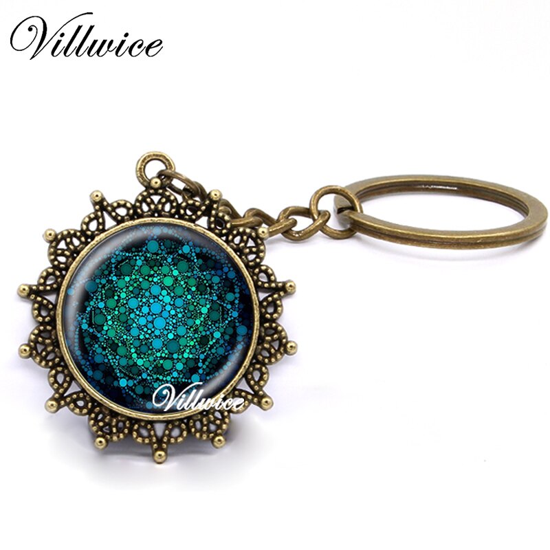 Blue Flower Of Life Key Ring Art Glass Pendant Mandala Key Chain Sacred Geometry Keychain handmade Jewelry For Women