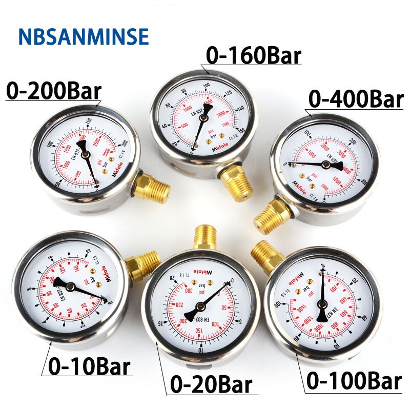 Hydraulic Pressure Oil Gauge SM1SP63L 63mm 2.5inch 1/4 NPT Liquid Manometer Instruments Stainless Steel Gauge NBSANMINSE