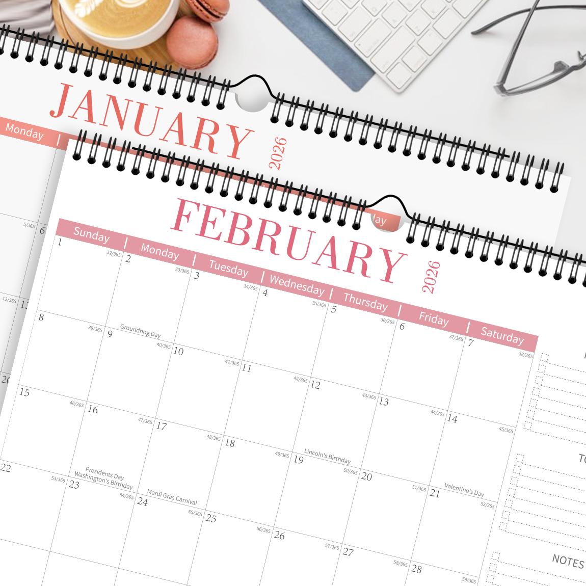 Kalendarz minimalistyczny na lata 2026-2027, kalendarz ścienny poziomy, 18 miesięcy z aktualnymi datami, robić powieszenia, planowanie miesięczne.