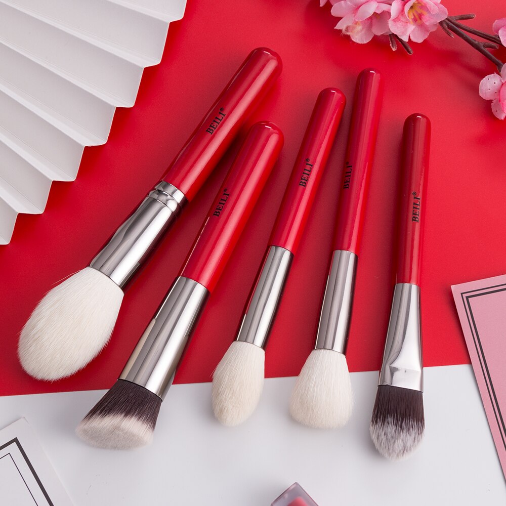 Beili rød enkelt makeup børste 1 stykke pudder concealer highlight foundation i syntetisk nano hår blusher børste make up værktøjer