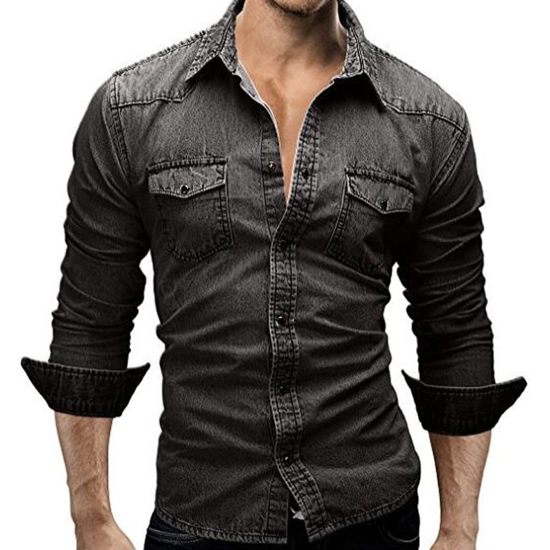 Menn casual denim skjorter merkevare langermet skjorte herre ensfarget slim fit dress skjorter camisa masculina streetwear topper