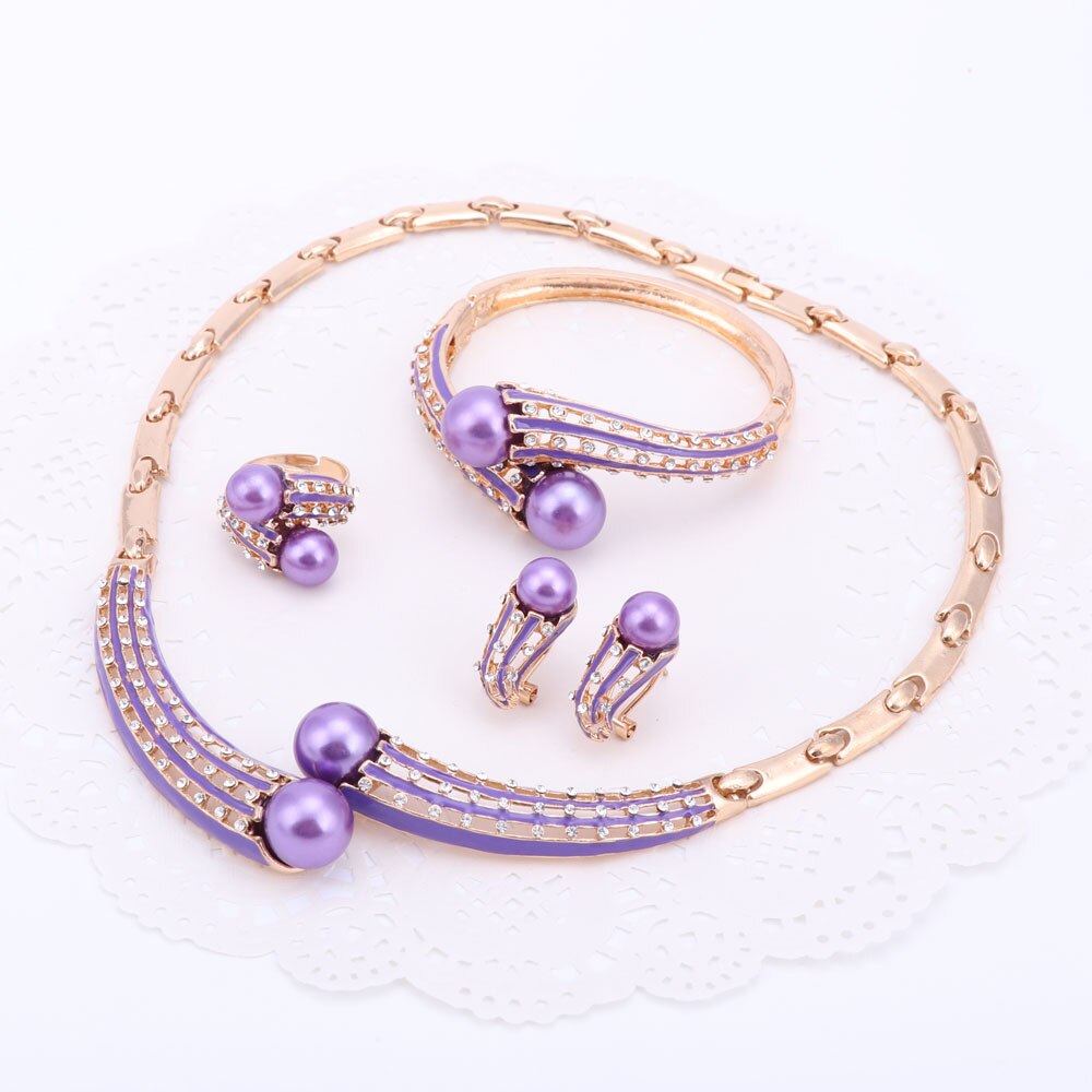 Gold Farbe Schmuck setzt Frauen Schmuck-einstellen/Hochzeit Zubehör Für Frauen Simulierte Perle Kristall Halskette setzt 2 Farben: Violett
