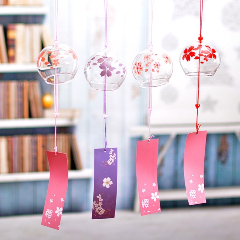 Japonais sakura Style verre vent carillon cerisier fleur vent suspendus cloches sonnette mignon fille chambre pendentif décoration de la maison #