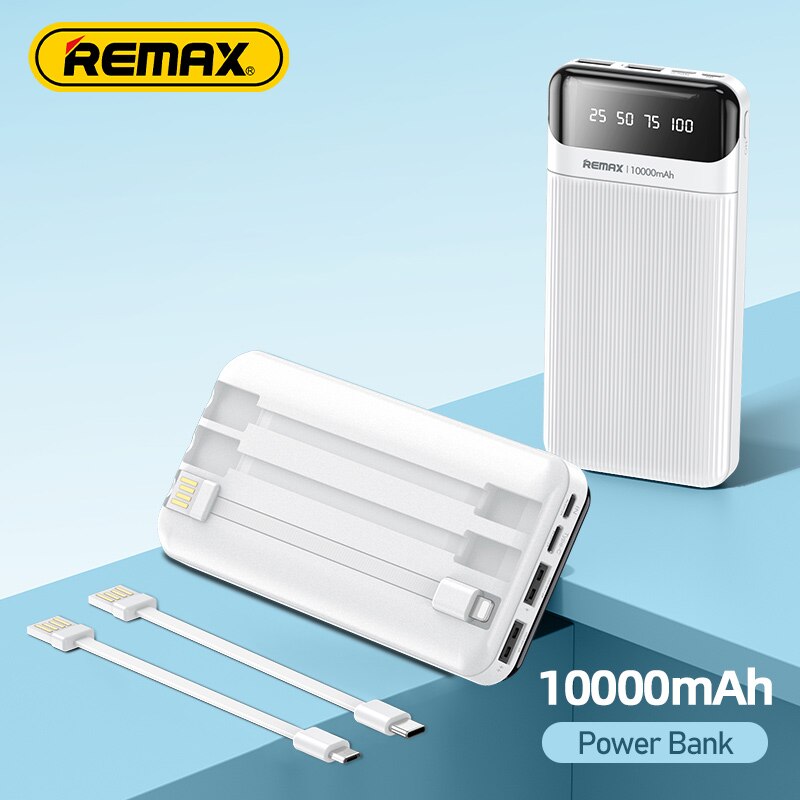 Remax-batería externa portátil de 10000mAh, con Cables de carga, pantalla Digital LED, para iPhone, Xiaomi, Huawei