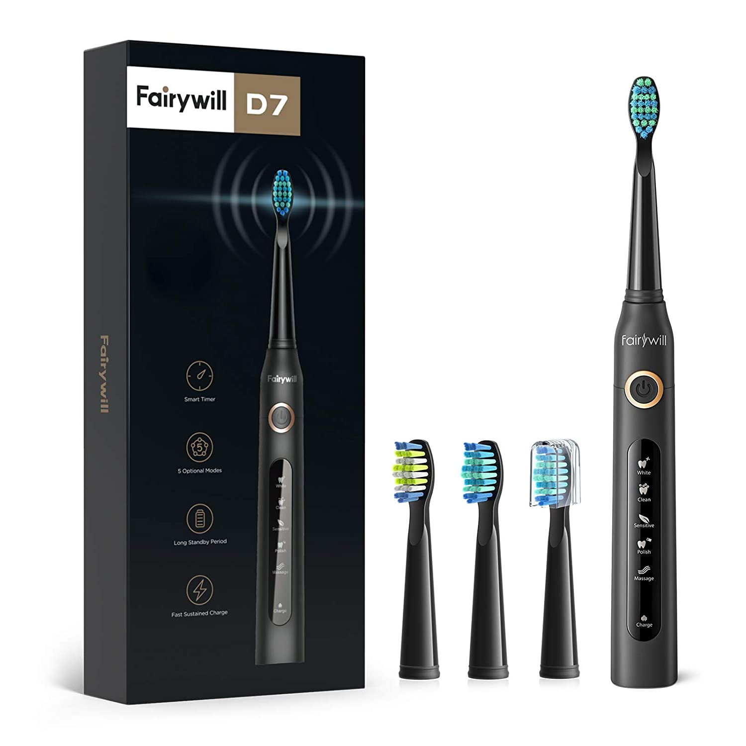 Fairywill Elektrische Schallzahnbürste, USB-Aufladung, FW-507, wiederaufladbar, wasserdicht, elektronische Zahnbürsten, Ersatzköpfe für Erwachsene: Black