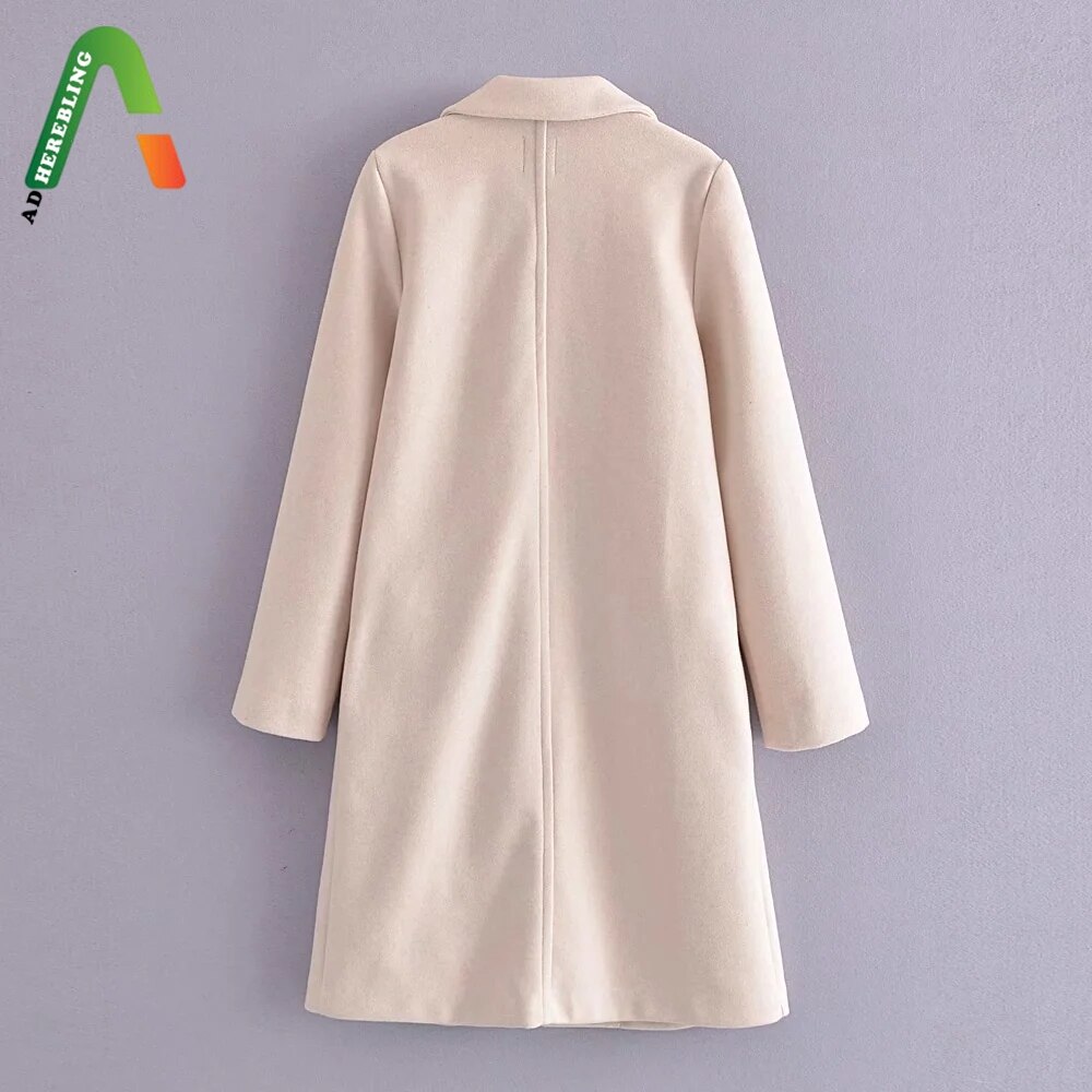 Adherebling Woman Casual Traf Jacket Autumn Winter Side Pockets Open Stitch Longline Trench Coats Loose Beige Overcoat