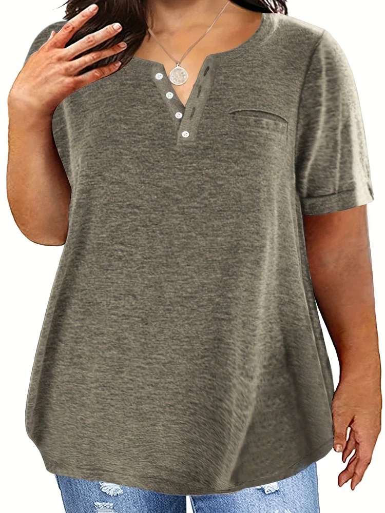 Plus Size 1XL-8XL Women's Loose Tops Ladies Casual V-neck Short Sleeve Pocket T-shirt Spring and Summer Style: 8XL / green