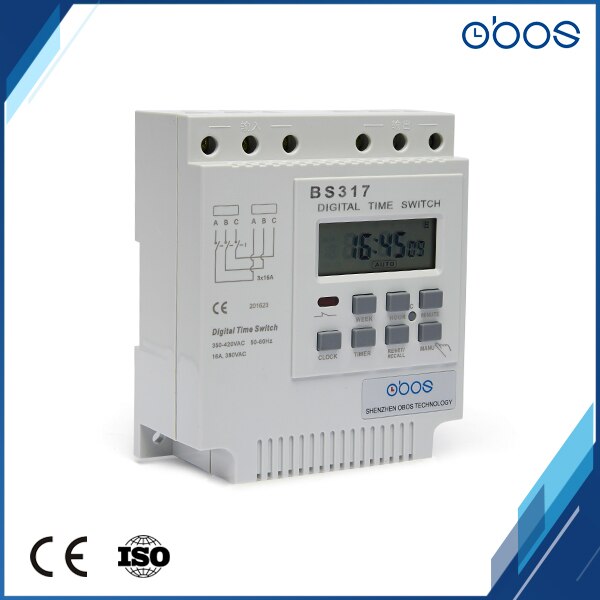 OBOS brand 415VAC 25A three phase programmable timer switch din timer with 16 times on/off per day time set range 1min-168H