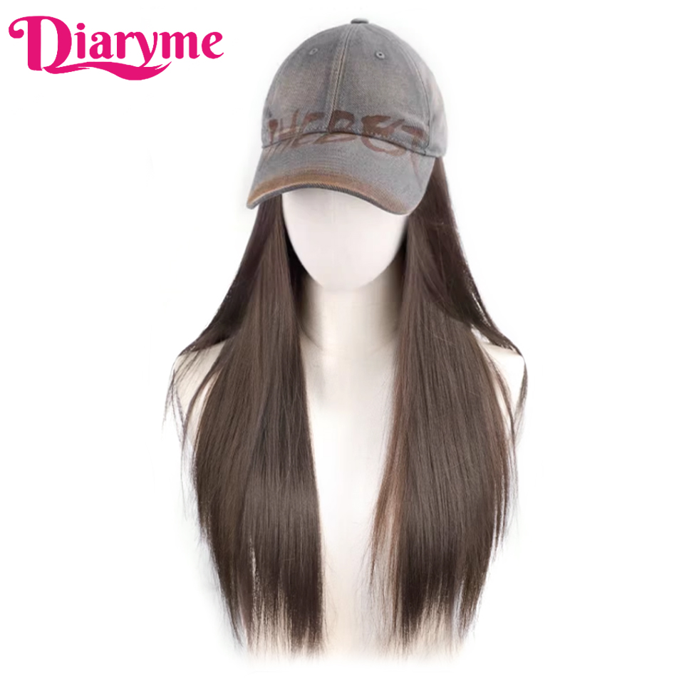 Peluca de sombrero sintético, peluca de pelo largo y liso con gorra de béisbol, gorra ajustable de una sola pieza, gorra de béisbol Retro, conectar pelo recto