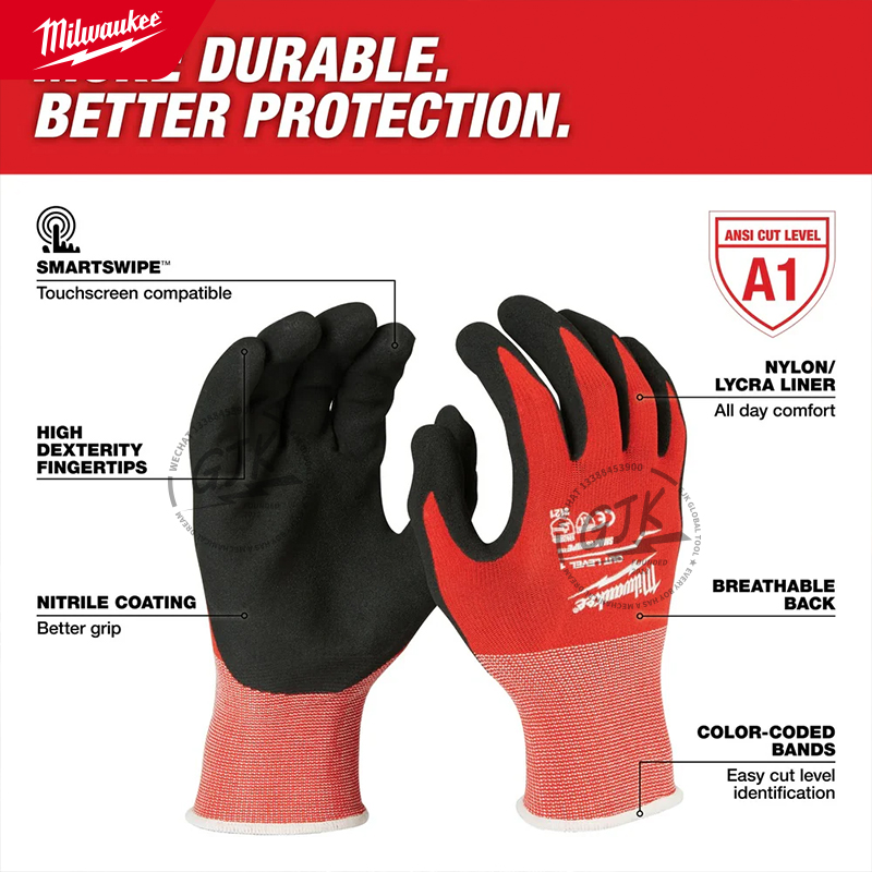 Milwaukee® 48-22-8901 cut level 1 nitril-dyppede handsker, blødt og behageligt for, åndbar handske, rød, m