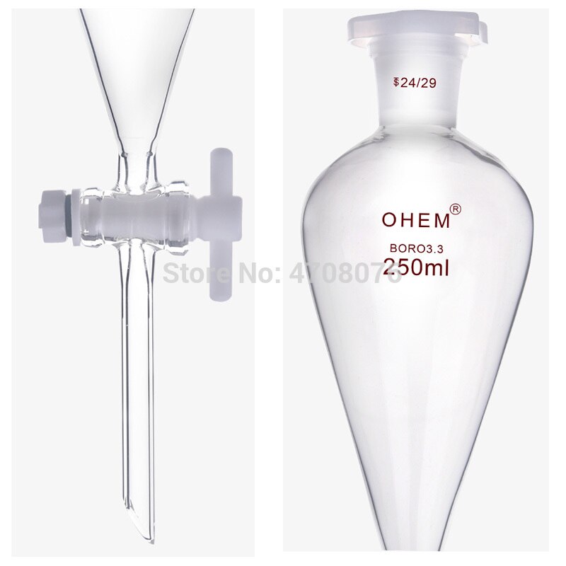 Embudo cónico separador en forma de pera con tapón de vidrio, cristalería de laboratorio, 60ml a 1000ml, 1 ud.