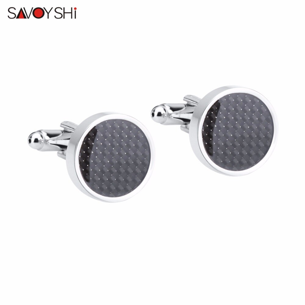 SAVOYSHI Black Carbon Fiber Cufflinks for Mens Shirt Cuff buttons Round Silver color Cuff link Brand Men Jewelry