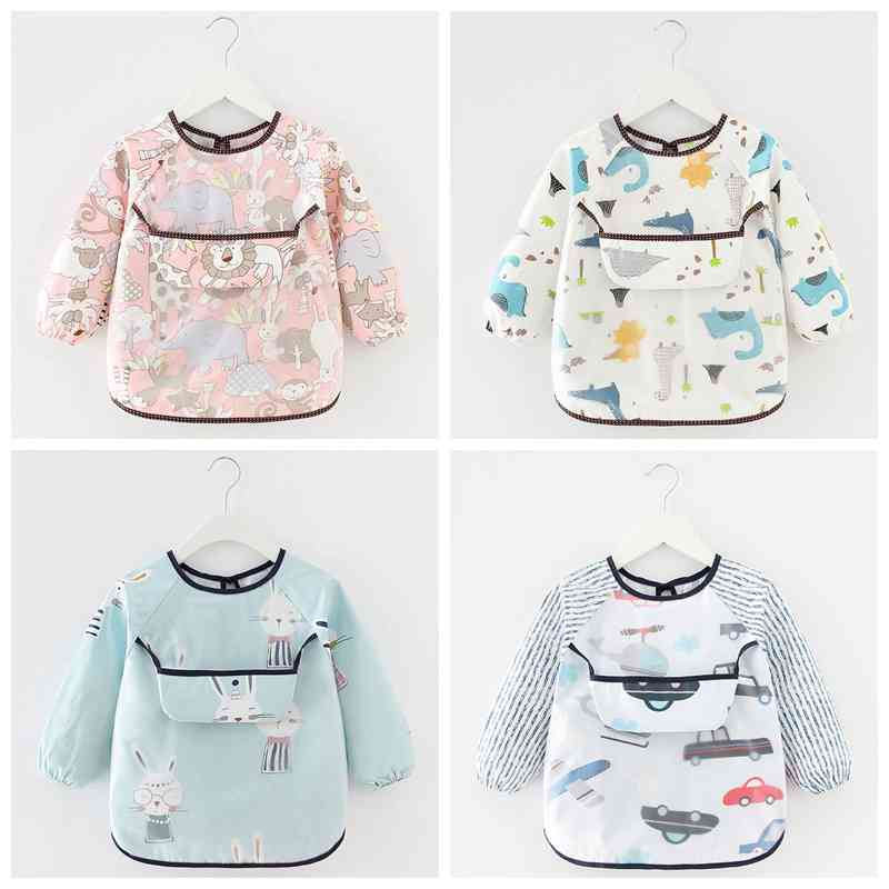 Cute Cartoon Baby Bibs Waterproof Infant Eating Long Sleeve Apron Children Drawing Art Smock Burp Cloth with Pocket