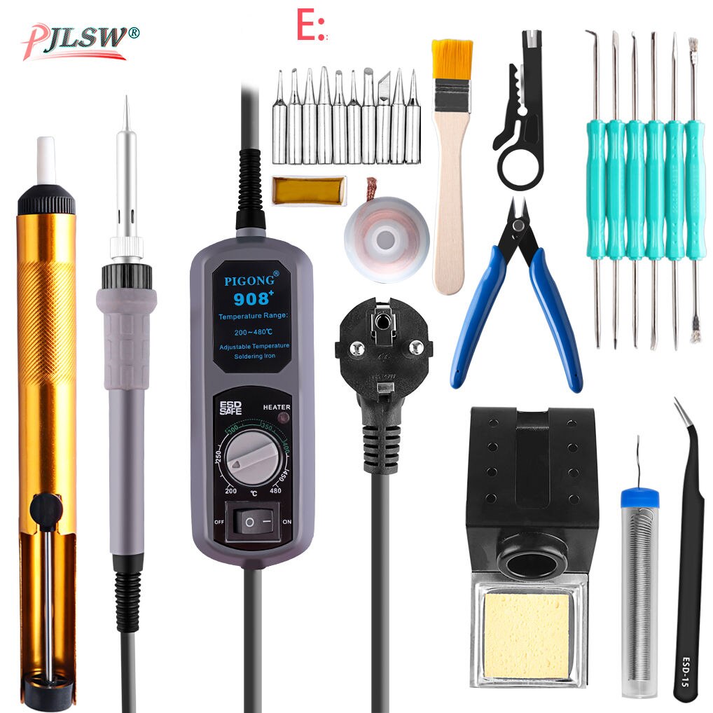 908+Digital Soldering Station Mini Portable Adjustable Electric soldering iron Welding tools kit set Welding Rework tool: E / EU