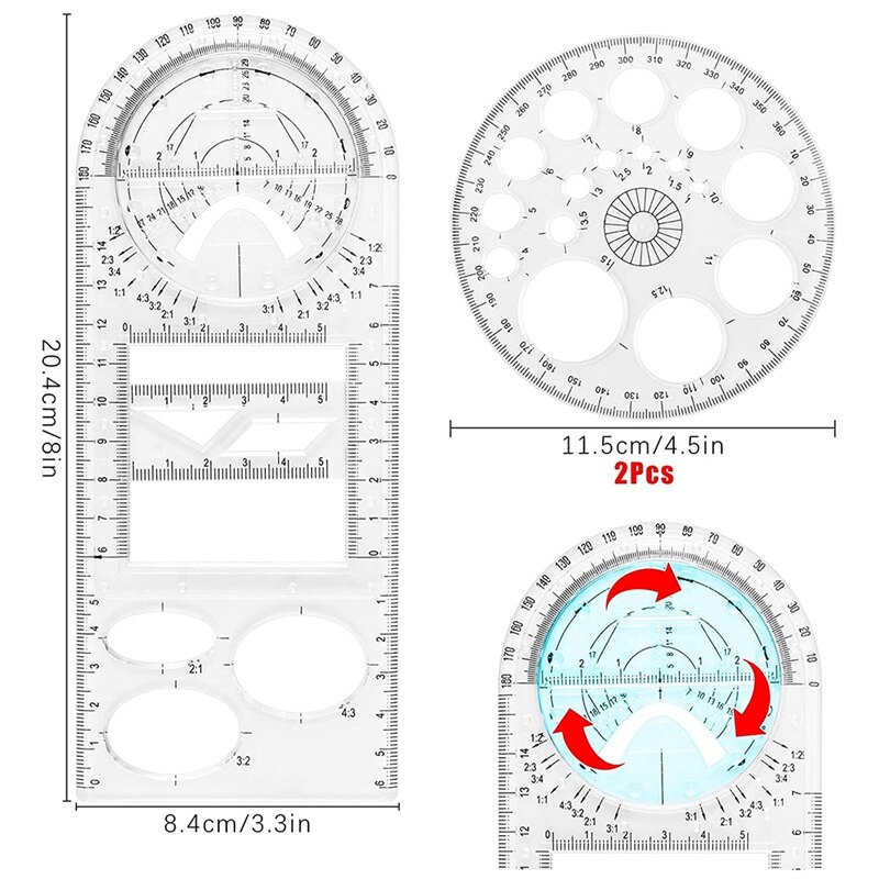 4 Piece Multifunctional Geometric Ruler Set, 2 Multifunctional Geometric Ruler Scale, with 2 Circle Templates