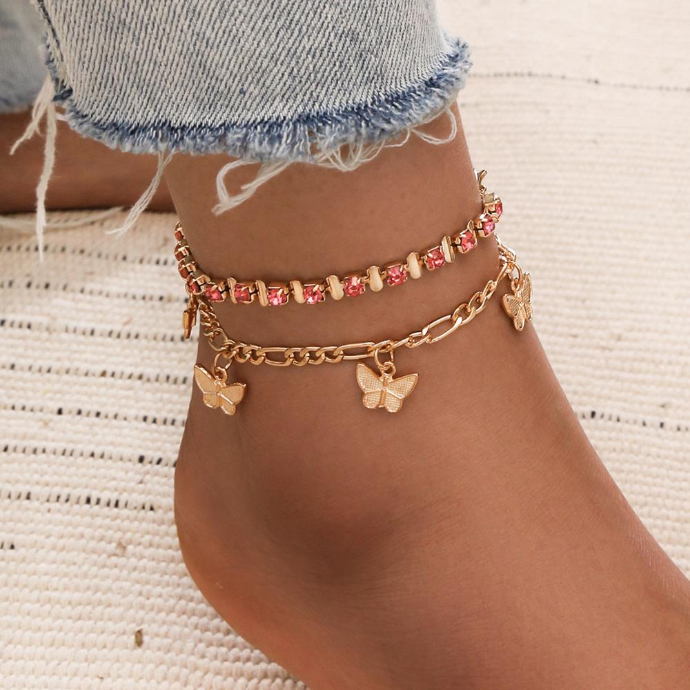 Rhinestone Crystal Enkelbandjes Voor Vrouwen Sandalen Vlinder Enkelband Boho Strand Voet Armbanden Enkelbanden Vrouwelijke Sieraden