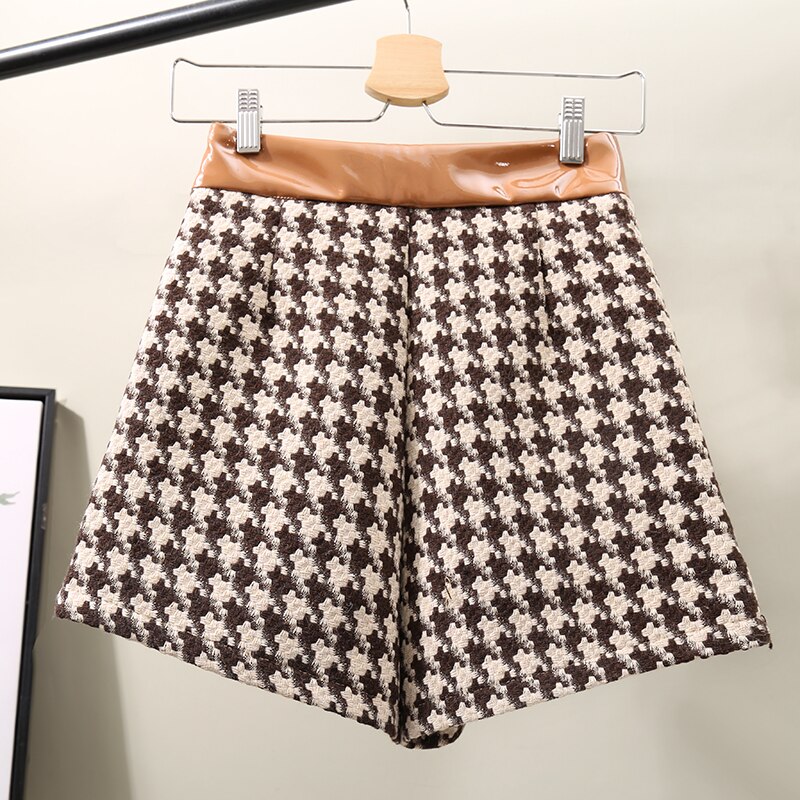 Kvinnor houndstooth shorts ull och lädersömmar rutiga shorts kvinnlig stil breda ben shorts kvinnlig