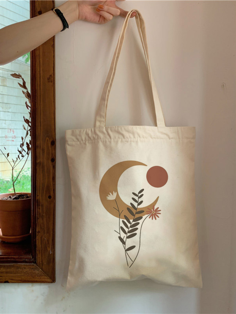 Shoulder Bags Large Capacity Student Book Bag Retro Boho Plants Aesthetic Canvas Tote Bag Lady Handbag Harajuku Flower: WHITE