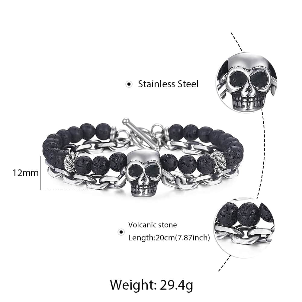 Black Lava Beaded Bracelet for Men Stainless Steel Double Layered Wheat Link Skull Charm Bracelets Male Halloween Jewelry LDB183: DB186