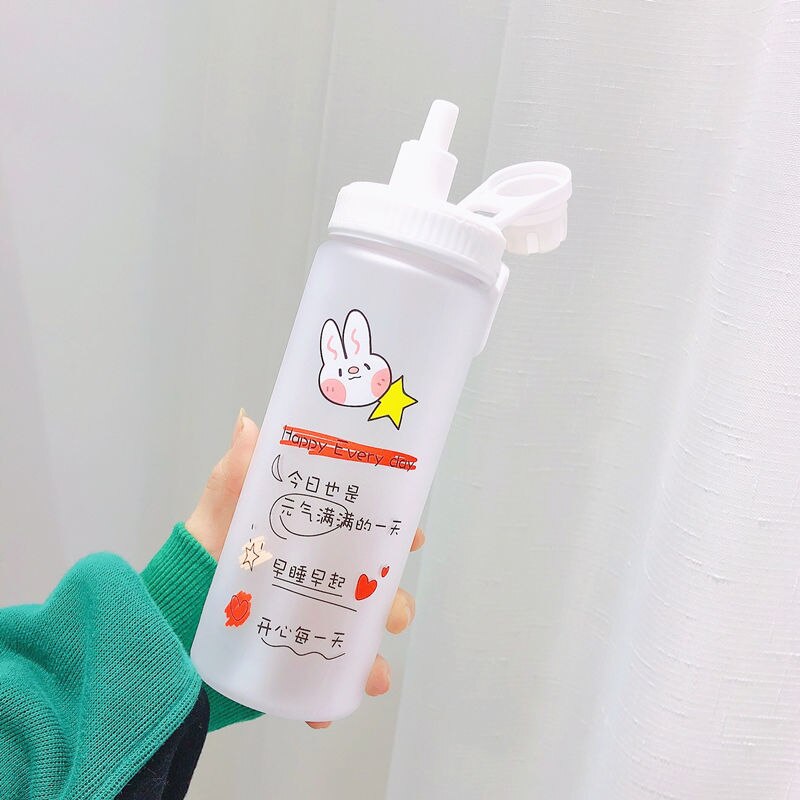 Botella de agua de cristal con pajita para niños y adultos, chupete bonito con personalidad creativa, portátil, b: rabbit