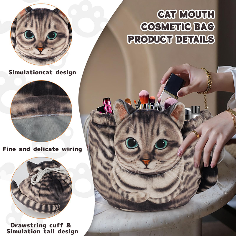 Leuke kat make-up tas trekkoord sluiting 3D kat hoofd platte cosmetische tas cadeau voor vrouwen kattenliefhebbers reisorganisator tas