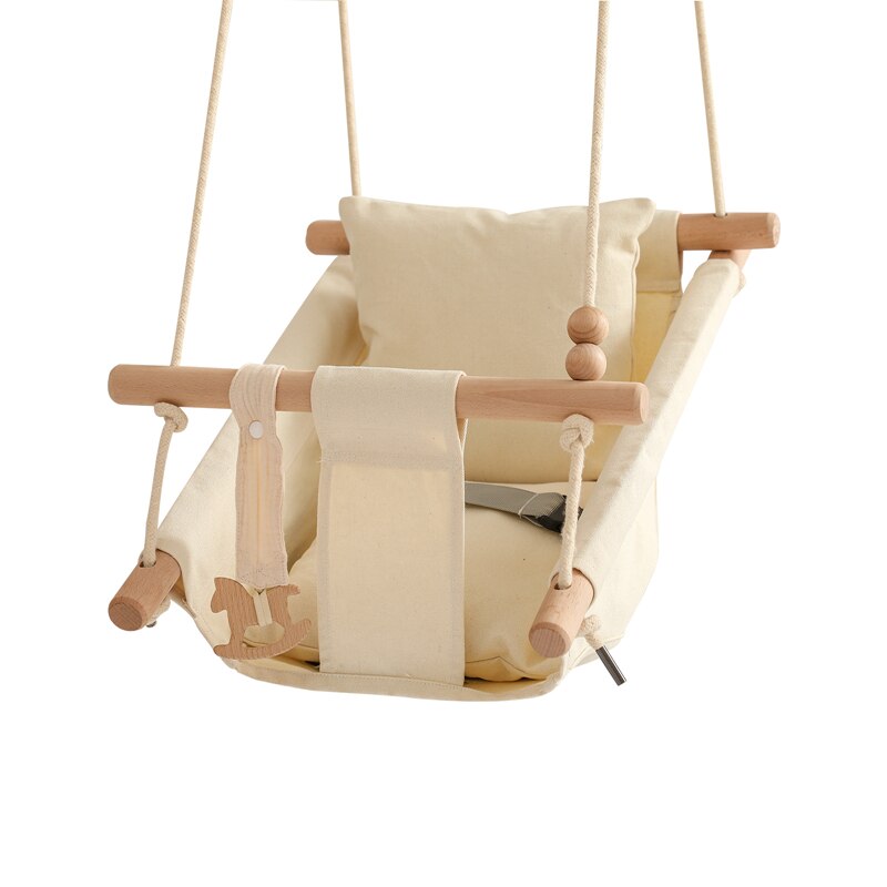 Baby Canvas Schommel Stoel Opknoping Hout Kinderen Kleuterschool Speelgoed Buiten Indoor Kleine Mand Beige Swingende Schommelstoel Baby Speelgoed