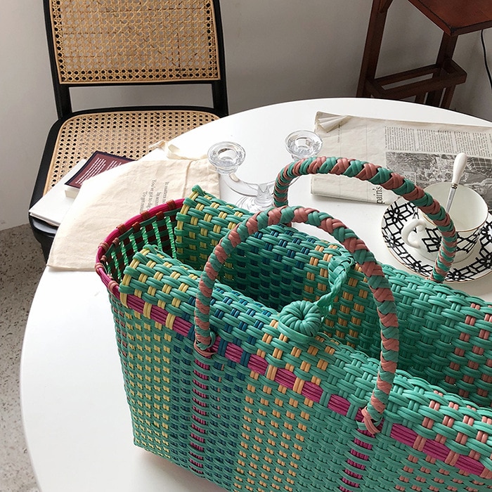 Mand Pp Strap Weave Emmer Polsbandjes Vintage Mori Meisje Handtas Picknick Tas Strandtas Ladylike Hoge Capaciteit Boodschappentas