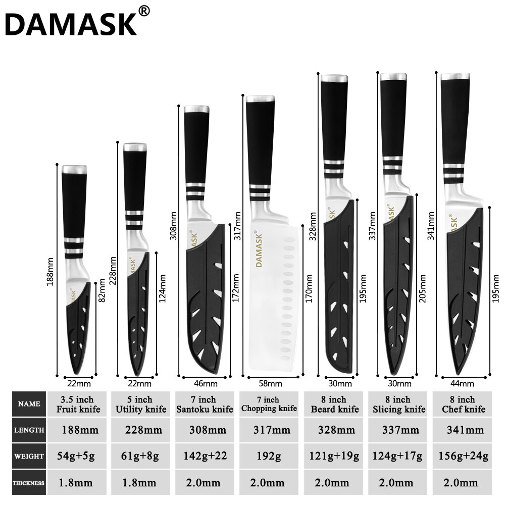 Damask mærke 3 cr 14 rustfrit stål køkkenknive sæt 430 greb knive med gratis knive dæksler