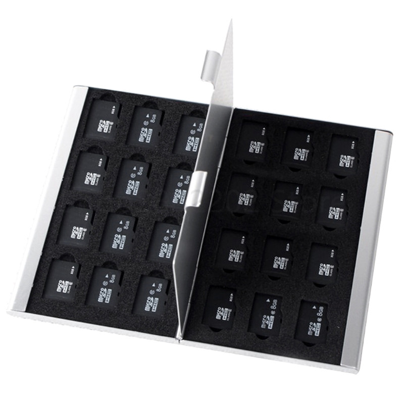 Silver Aluminum Memory Card Storage Case Box Holder For 24 TF Micro SD Cards - L059