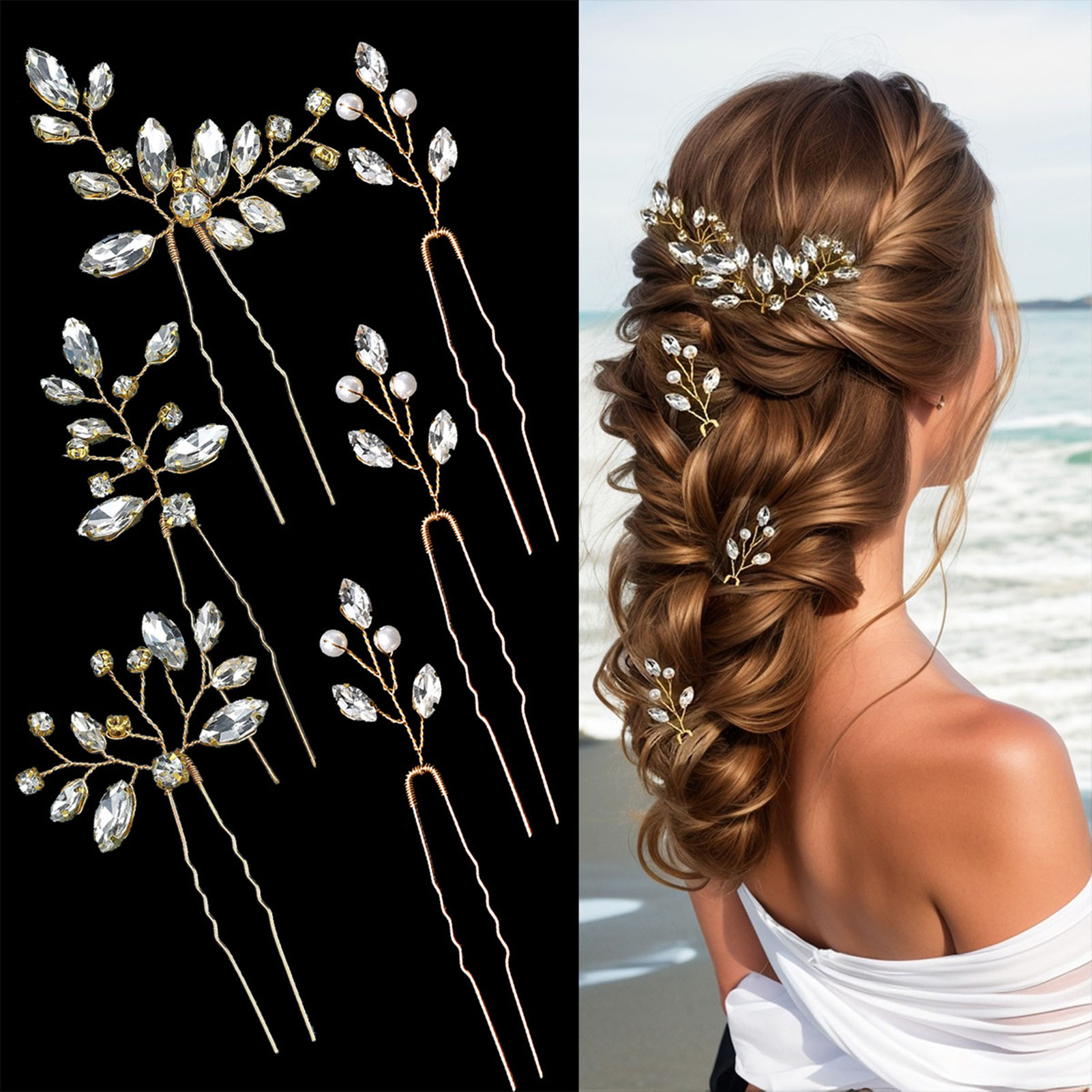 6 uds. De horquillas para el pelo en forma de U con diamantes de imitación, horquillas para el pelo de boda para novia pequeñas y sencillas, accesorios para el cabello de boda para mujer: Zinc negro plateado