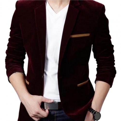Blazer en velours pour homme, costume, Version classique, col à revers, tissu pour entreprise, , veste, manteau, 3 couleurs: Wine Red / 2XL