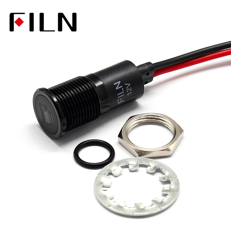 Luz indicadora FILN de 14mm para salpicadero de coche, símbolo de niebla led, rojo, amarillo, blanco, azul, verde, 12v led NEGRO con cable de 20cm