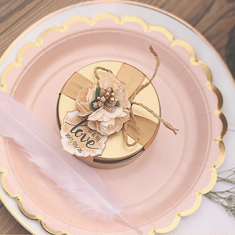 Golden Red Empty Tin Box Metal Tin Jars Wedding Candy Storage Boxes With Ribbon Flower Wedding Party Supplies