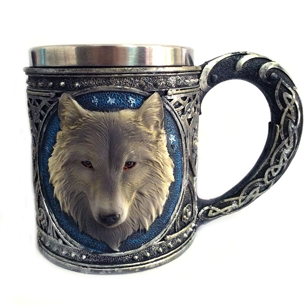 Office Stainless Steel Double-layer coffee Cup 3D Retro Cup Resin Crafts Beer Cup Coffee Mug: Wolf-450ml