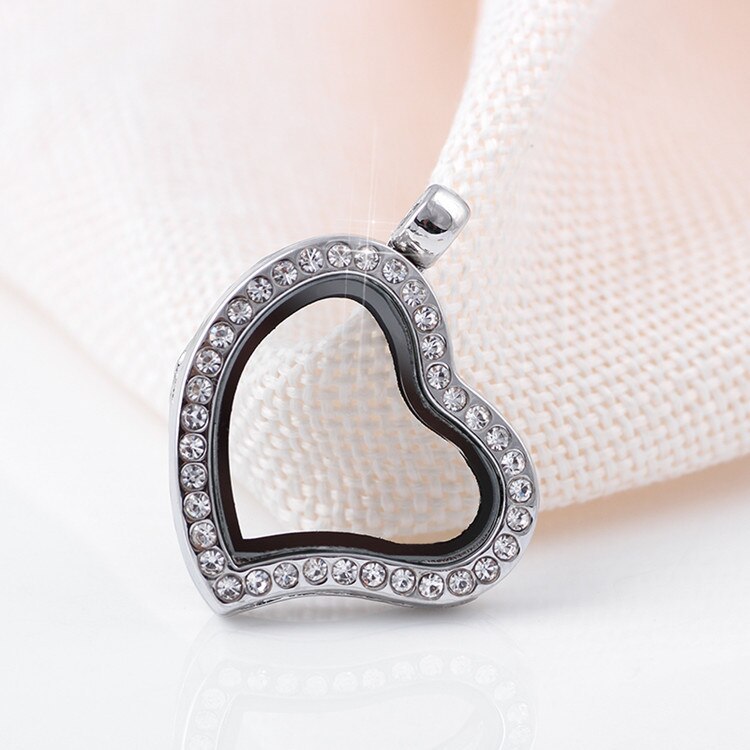 10pcs/lot Rhinestone Heart Floating Memory Locket Necklace Magnetic Glass Living Locket Without Chain: L14-Silver